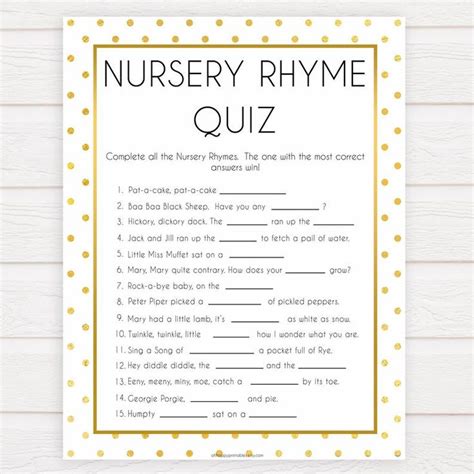 Gold Baby Shower Nursery Rhyme Baby Quiz Printable Baby Etsy