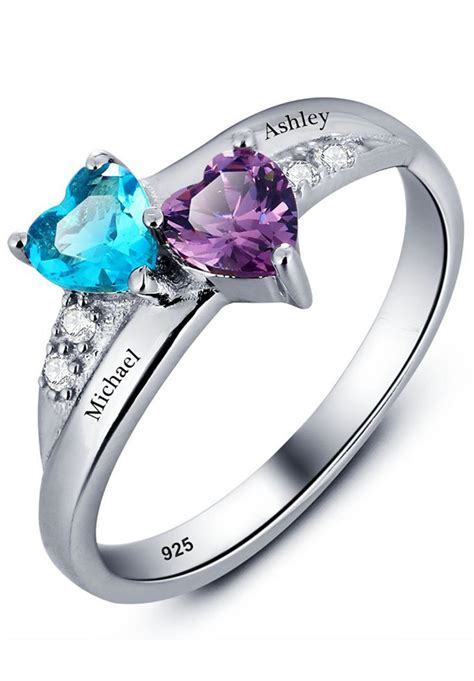 Promise Ring For Her Couples 2 Heart Birthstones 2 Names And 1 Engraving Customized And