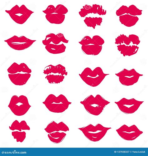 Set Of Vector Female Lips Lipstick Kiss Print Isolated Stock Vector