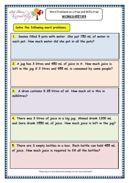 measurement word problems liters  milliliters worksheets worksheets