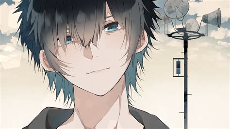 Download 1920x1080 Anime Boy Pole Blue Eyes Close Up Clouds