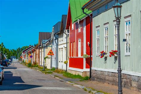 Colorful Timber Houses In Neristan District Of Finnish Town Kokk Stock