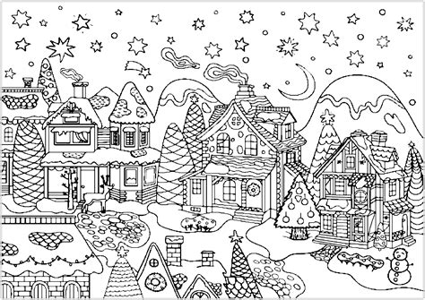 Cute Christmas Village Christmas Adult Coloring Pages