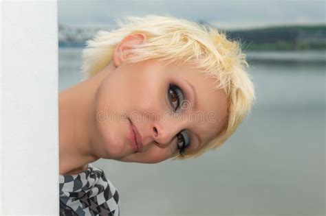 Beauty Portrait Of Caucasian White Girl With Short Blondie Hair In