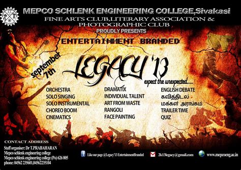 Legacy 13 Inter Collegiate Cultural Fest In Tamil Nadu On September 7