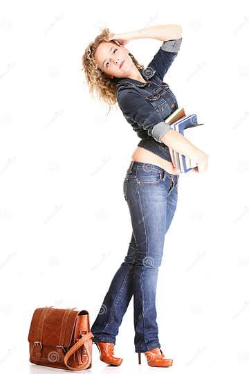Young Woman Blonde Standing Full Body In Jeans Stock Image Image Of