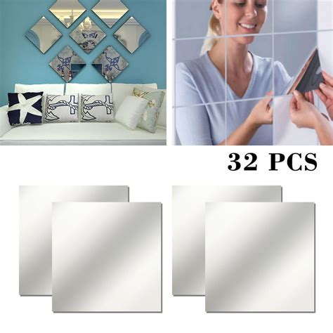 32 Pieces Flexible Mirror Sheets Self Adhesive Plastic Mirror Tiles Non