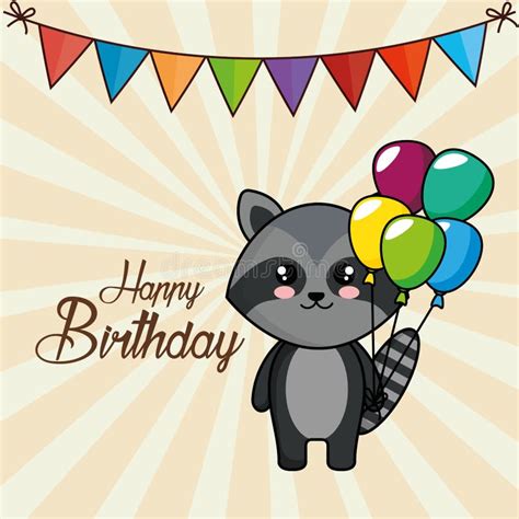 Happy Birthday Card With Cute Raccoon Stock Vector Illustration Of