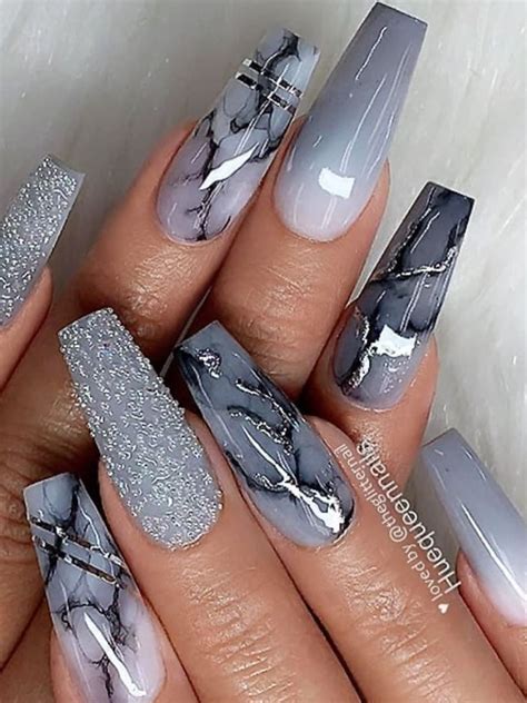 Amazing Grey Coffin Shaped Nails With Marble Glitter And Ombre Grey