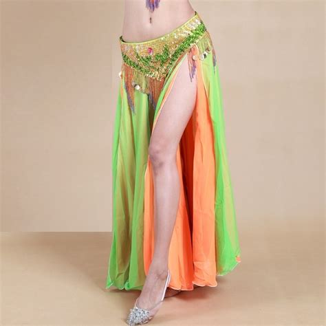 2016 Chiffon Sexy Belly Dance Costume Both Sides Slits Women Clothing Double Split Maxi Skirt Do