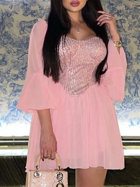 Womens Sequin Dress Holiday Dress Mini Dress Pink Long Sleeve Pure Color Sequins Winter Fall