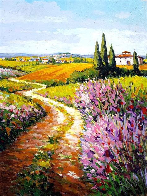 Flowery Road Tuscany Landscape Original Italian Oil Painting Painting