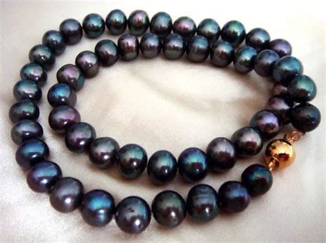 Beautiful Natural 10 11 Mm Tahitian Black Green Pearl Necklace 18inch