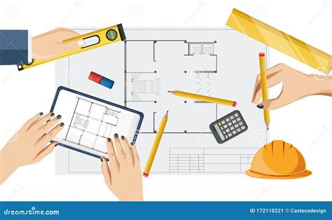 Architect Hands Drawing A Blueprint With Rulers Compass And Pencil