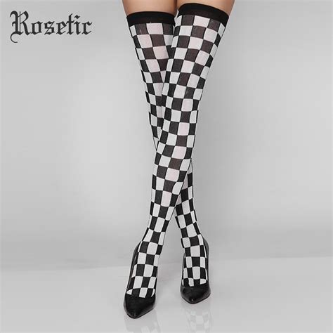 Rosetic Goth Vintage Stockings Black White Plaid Women Spring Sexy