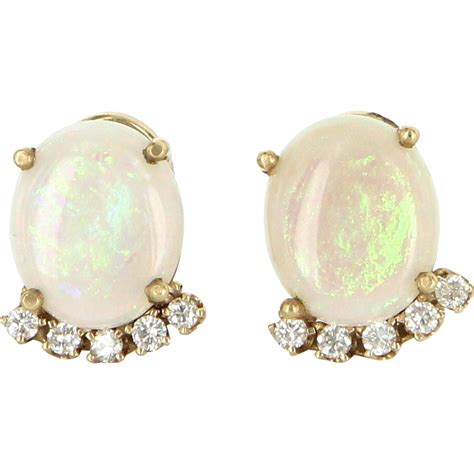 Vintage Opal Diamond Stud Earrings 14 Karat Yellow Gold Estate Fine
