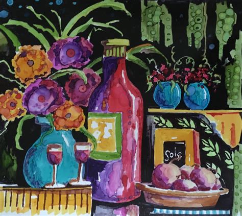 Penny Day Thompsons Alcohol Ink Painting Of Wine And Flowers Alcohol