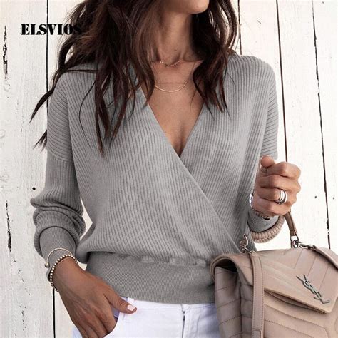 elsvios 2018 sexy criss cross knitted sweater women v neck autumn winter sweaters casual long