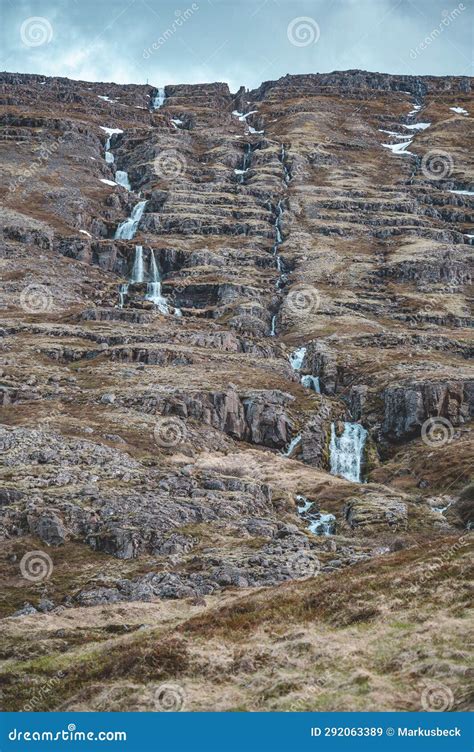 Lots Of Different Waterfalls Mountain Landscape Near Near Seydisfjordur