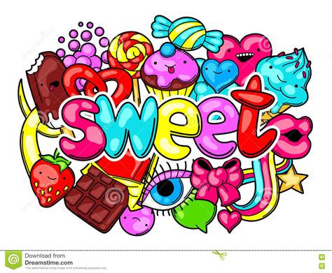Kawaii Print with Sweets and Candies. Crazy Sweet-stuff in Cartoon