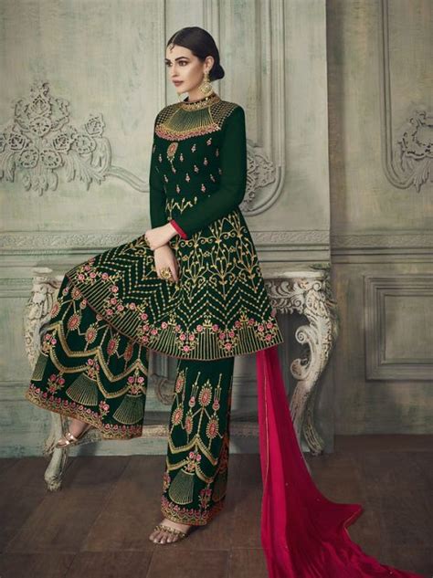 Georgette Dark Green Heavy Thread And Zari Work With Diamond Work Salwar Kameez Brithika