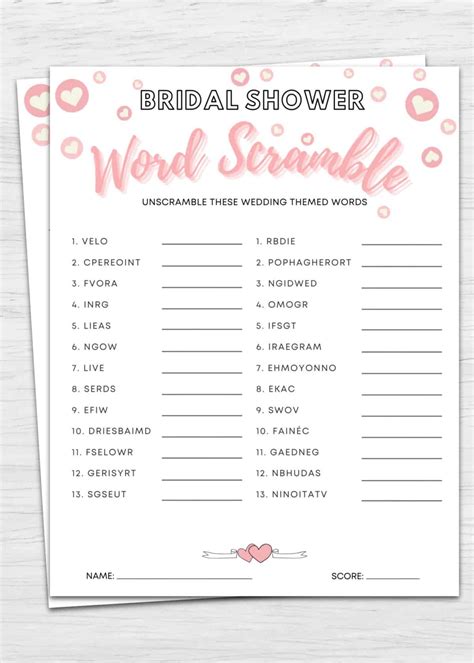 Word Scramble Printable Bridal Shower Game