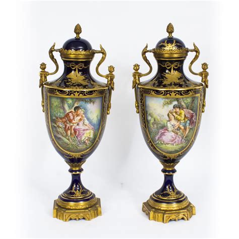 Antique Pair Ormolu Mounted Sevres Style Lidded Urns Vases C1910