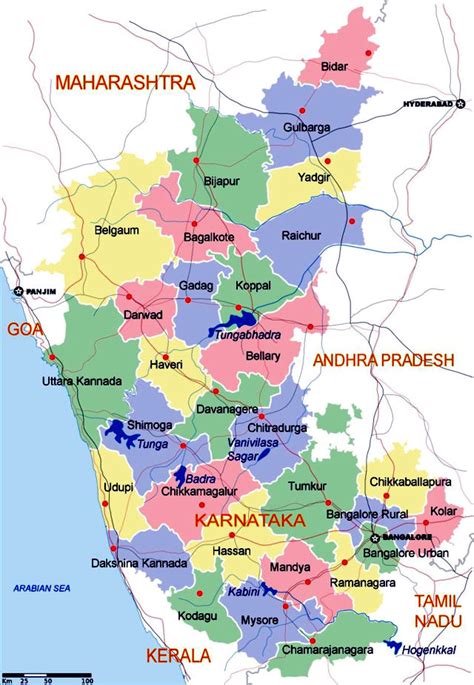The map shows a map of karnataka with borders, cities and towns, expressways, main roads and streets, and the location of bengaluru international we apologize for any inconvenience. Karnataka - India - States
