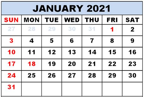 Monthly Blank January 2021 Calendar Template Printable Calendar