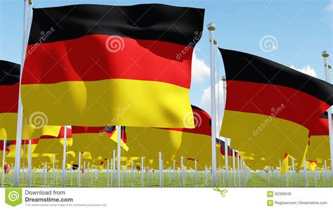 Flags Of Germany In Green Field Against Blue Sky. Stock Illustration - Illustration of patriotic ...