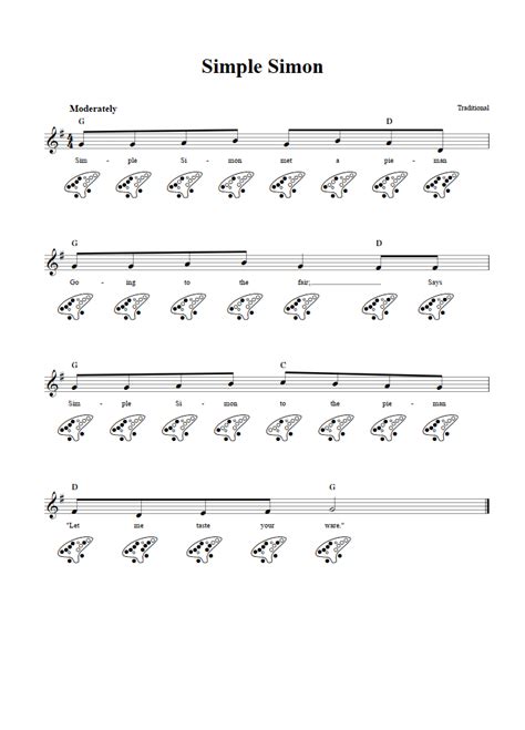 Simple Simon Chords Sheet Music And Tab For 12 Hole Ocarina With Lyrics