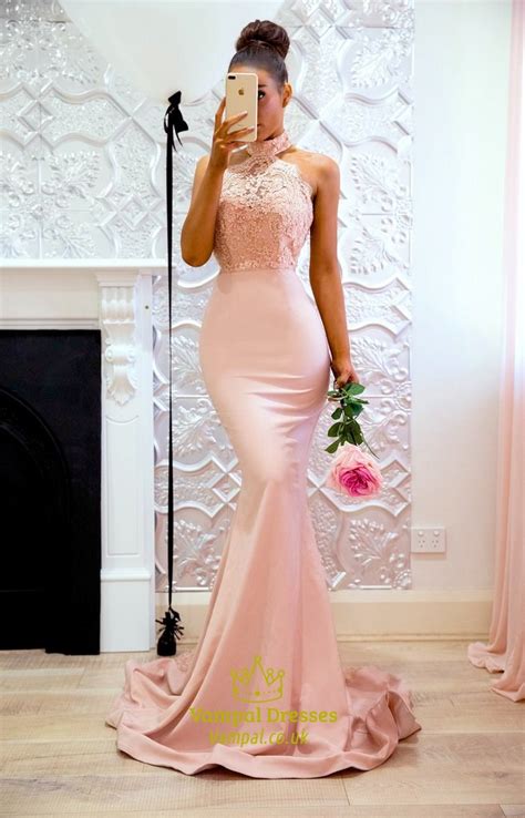 Pink Halter Neck Sleeveless Applique Mermaid Prom Dress With Train Vampal Dresses
