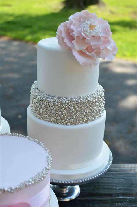 Blush And Silver Wedding Cake With Silver Dragees And Peony 60