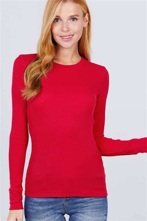 Womens Basic Thermal Long Sleeve Knit T Shirt Crew Neck