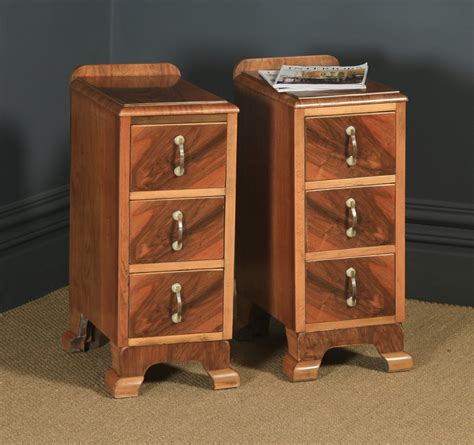Antique English Pair Of Art Deco Figured Walnut Bedside Chests Tables