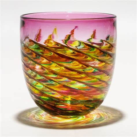 Optic Rib Pail By Michael Trimpol And Monique Lajeunesse Spring With Cranberry Art Glass Vase