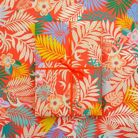 6 Sheets Tropical Print Wrapping Paper In Red Etsy