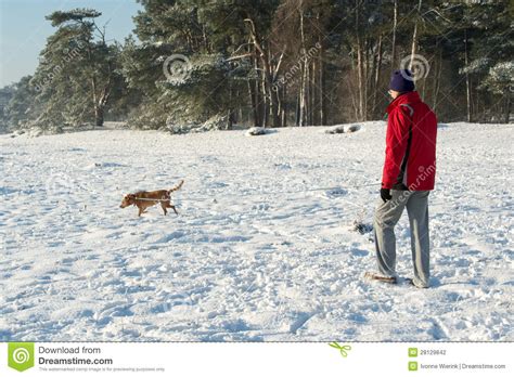 Man Walking With Dog In Snow Stock Photography Image