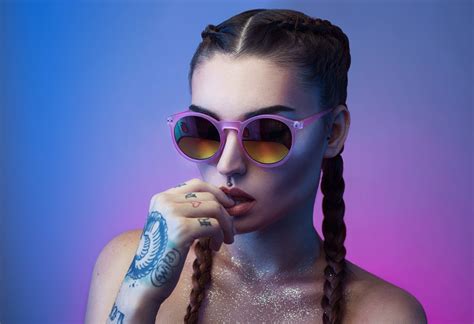 Wallpaper Face Model Portrait Women With Glasses Sunglasses Tattoo Blue Piercing Hair