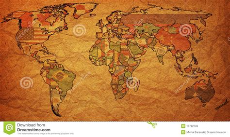 Flags On Old Political Map Of World Royalty Free Stock Images Image