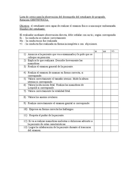 Lista De Cotejo Para La Observacion Examen Fisico Ginecologia