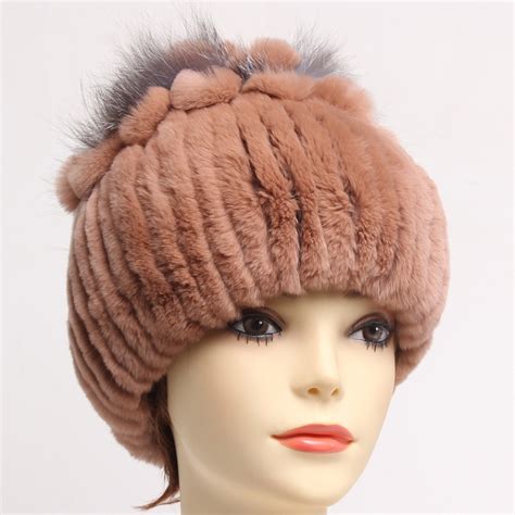 Women Natural Knitted Rex Rabbit Fur Hat Russia Lady Warm 100 Genuine