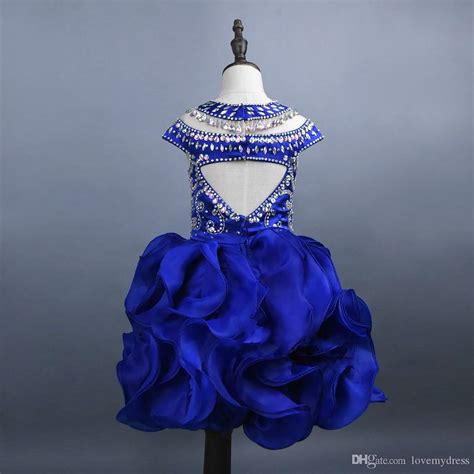 Lovely Royal Blue Organza Girls Pageant Dresses With Ruffle Short Sleeve Jewel Beading Crystal