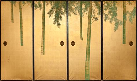Japanese Four Panel Screen Fusuma Door Paintings Of Bamboo On Gold