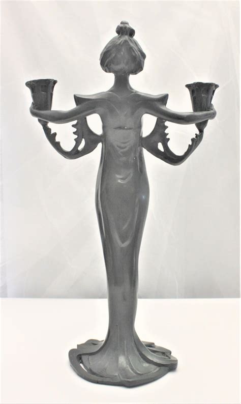 Antique Cast Metal Art Nouveau Figural Candle Holder Of A Robed Female