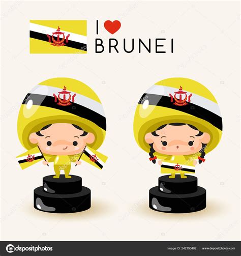 Boy Girl Wearing National Hat Holding National Flags Brunei Vector