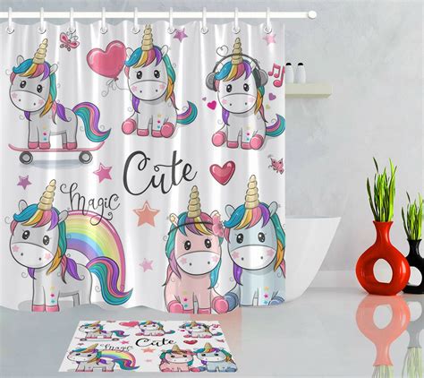Cute Unicorns Rainbow Shower Curtain And Mat In 2020 Rainbow Shower