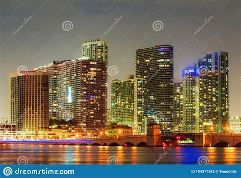 Miami City Night Downtown Miami Skyline At Dusk Florida Stock Image