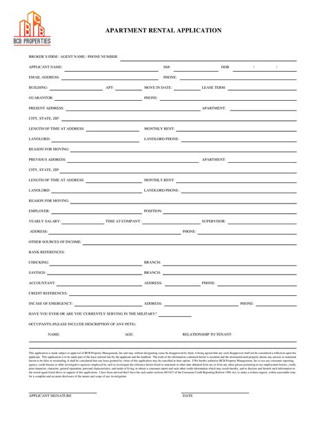 Printable Apartment Application Form Printable Forms Free Online