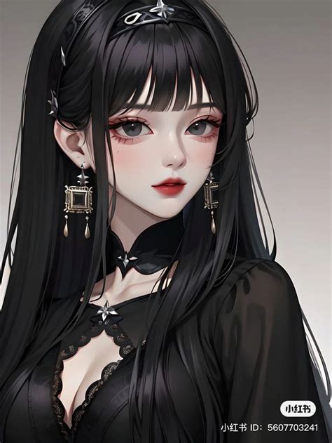 An Anime Girl With Long Black Hair And Large Earrings On Her Head